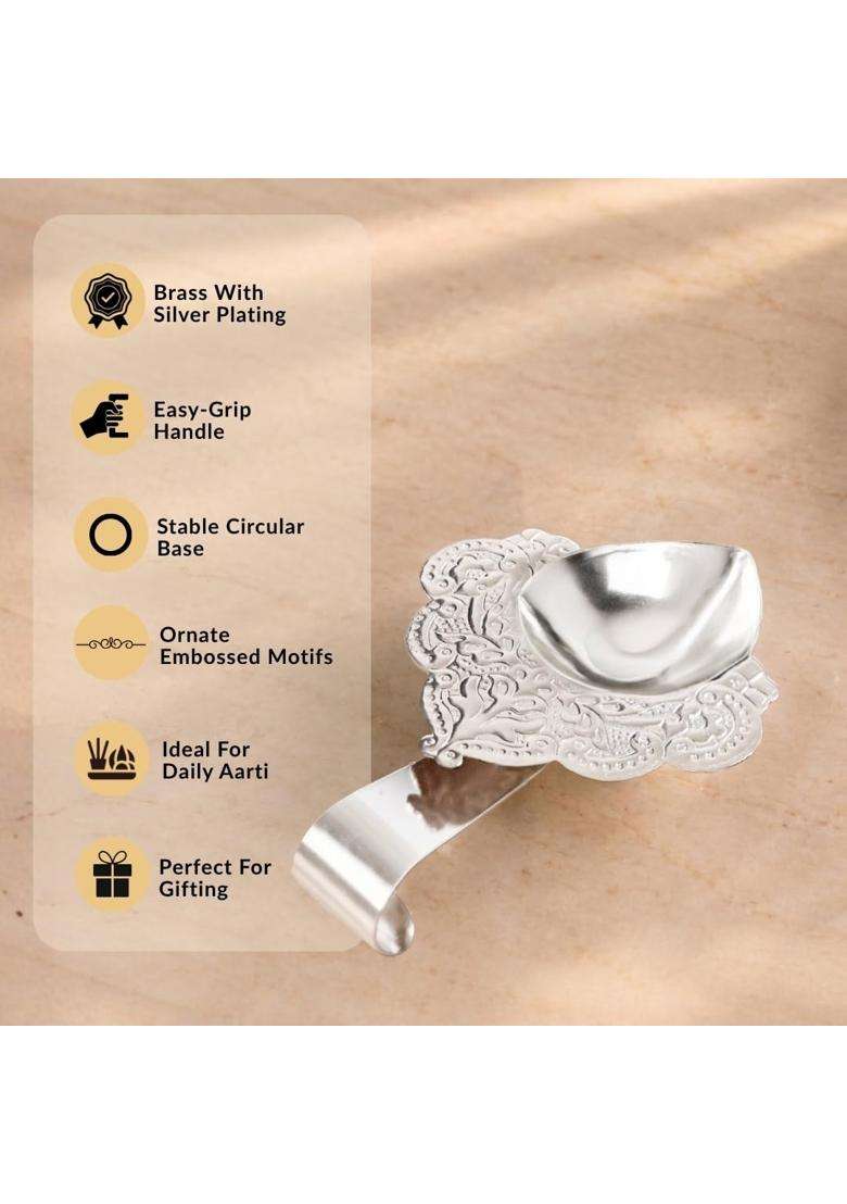 Nestasia Silver Plated Brass Diya for Aarti Floral Etched Design Pooja Deepak with Handle - Indya