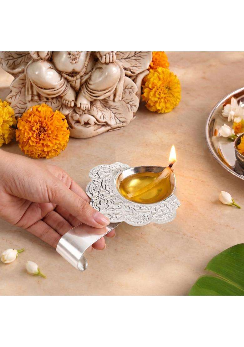 Nestasia Silver Plated Brass Diya for Aarti Floral Etched Design Pooja Deepak with Handle - Indya