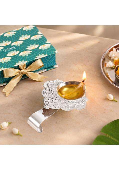 Nestasia Silver Plated Brass Diya for Aarti Floral Etched Design Pooja Deepak with Handle
