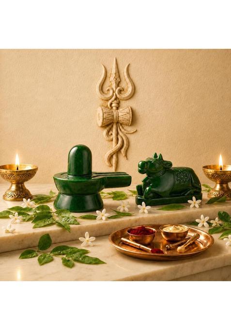 Holynest a Plus Original Natural Green Jade Shivling with Nandi Idol for Puja
