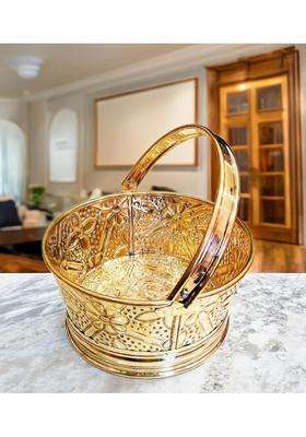 Pital Nagri Ecraft Gold Brass Round Puja Basket Traditional Round Pooja Basket with Handle