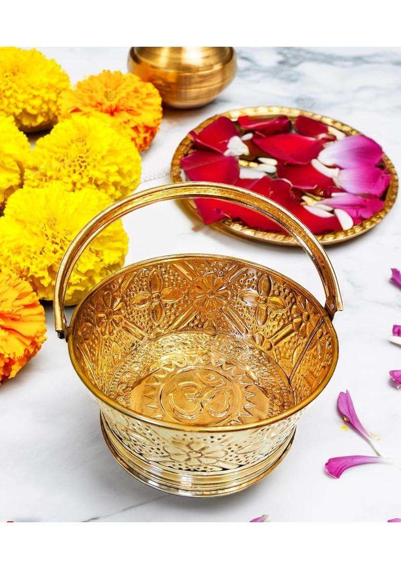Pital Nagri Ecraft Gold Brass Round Puja Basket Traditional Round Pooja Basket with Handle - Indya
