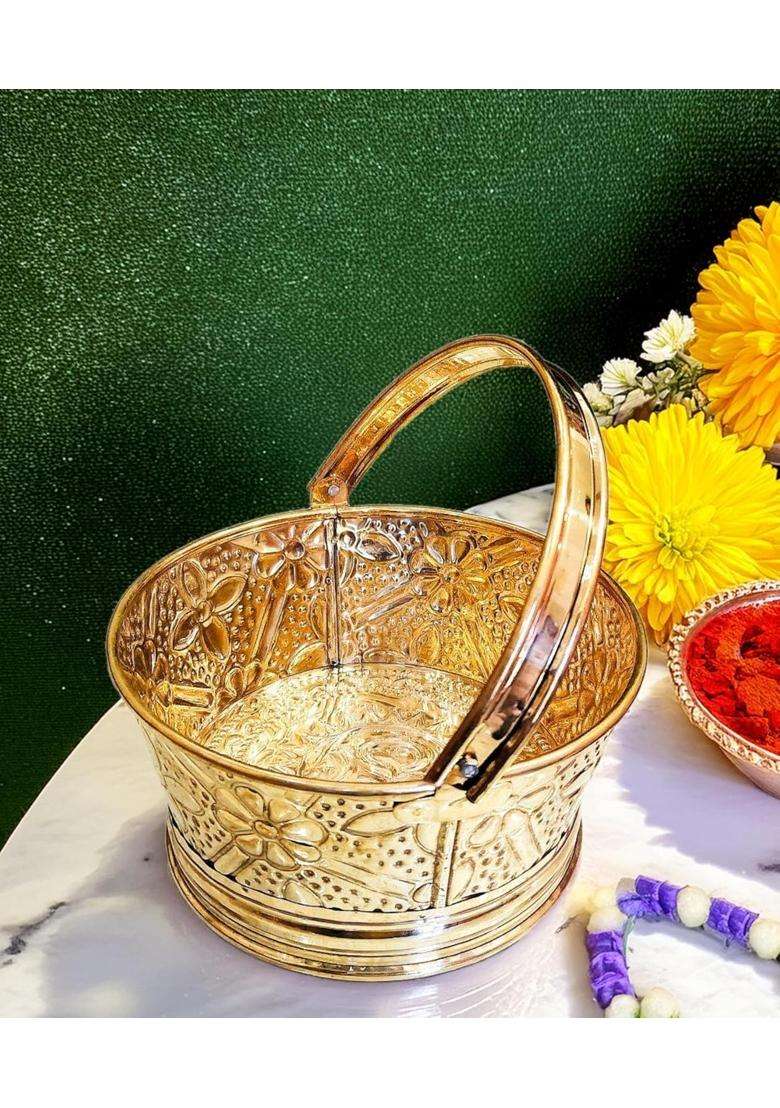 Pital Nagri Ecraft Gold Brass Round Puja Basket Traditional Round Pooja Basket with Handle - Indya