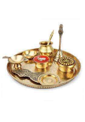 Coprasia Gold Traditional Brass Puja Thali Set for Mandir and Festivals Set of 9