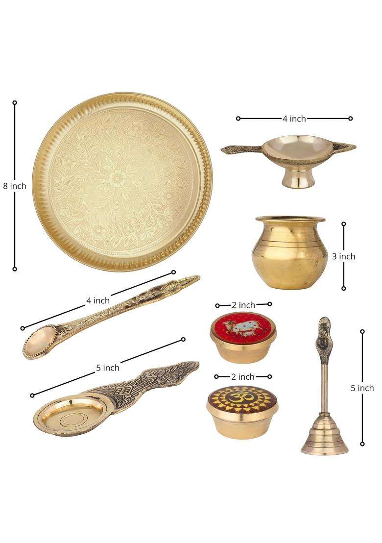 Coprasia Gold Traditional Brass Puja Thali Set for Mandir and Festivals Set of 9 - Indya