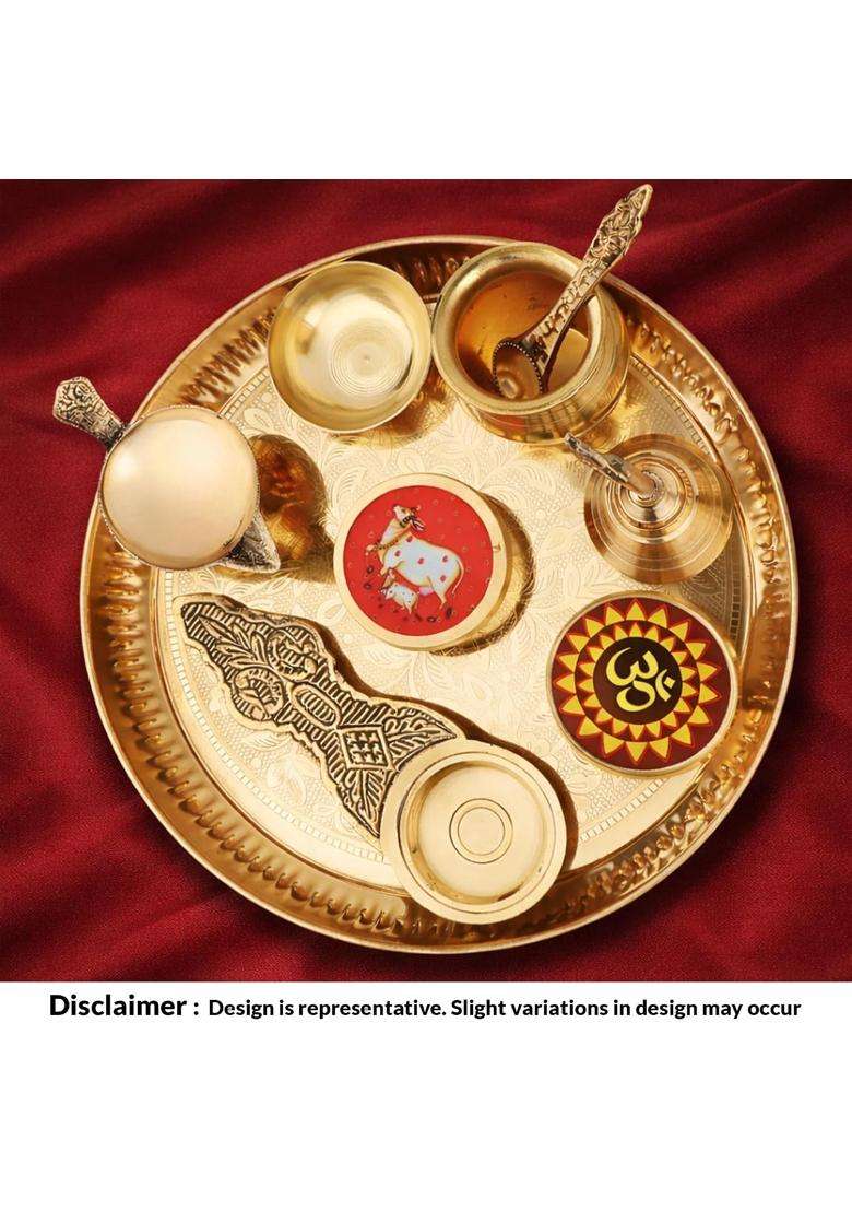 Coprasia Gold Traditional Brass Puja Thali Set for Mandir and Festivals Set of 9 - Indya