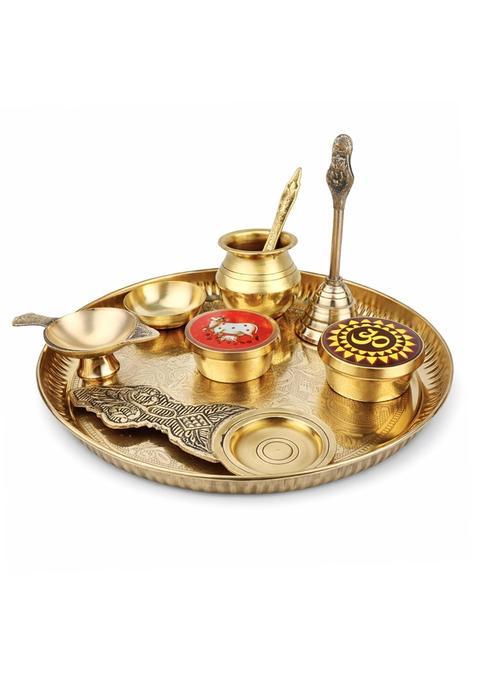 Coprasia Gold Traditional Brass Puja Thali Set for Mandir and Festivals Set of 9
