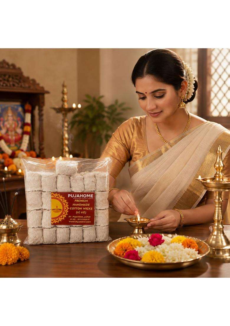 Pujahome White Handmade Long Cotton Wicks for Diya 1 Point 25 Lakh Long Diya Batti for Puja Aarti - Indya