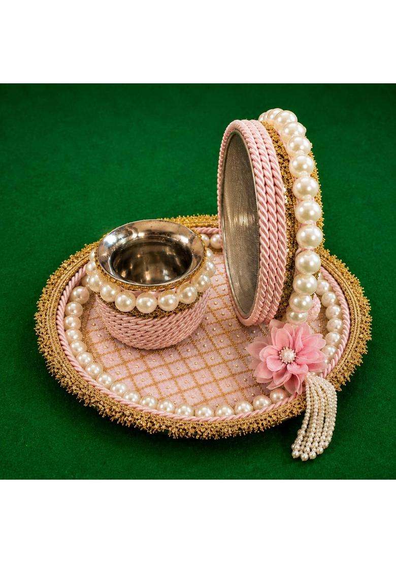 Multicolor Chauth Pooja Thali Lota Channi Combo Set Vrat Puja Thali for Married Women - Indya