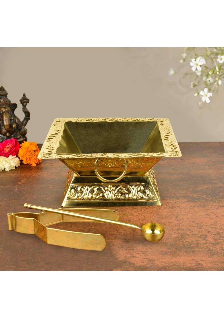 Gold Premium Brass Hawan Kund for Pooja Traditional Havan Kund for Home and Temple Rituals - Indya