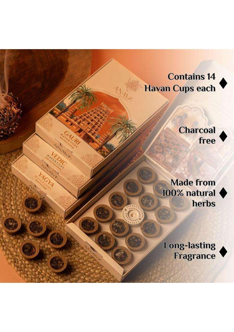 Anava Ritual Havan Cups Combo Pack with Stand Sandalwood Cow Dung Guggal Jatamansi Natural Herbs Pack of 4 - Indya