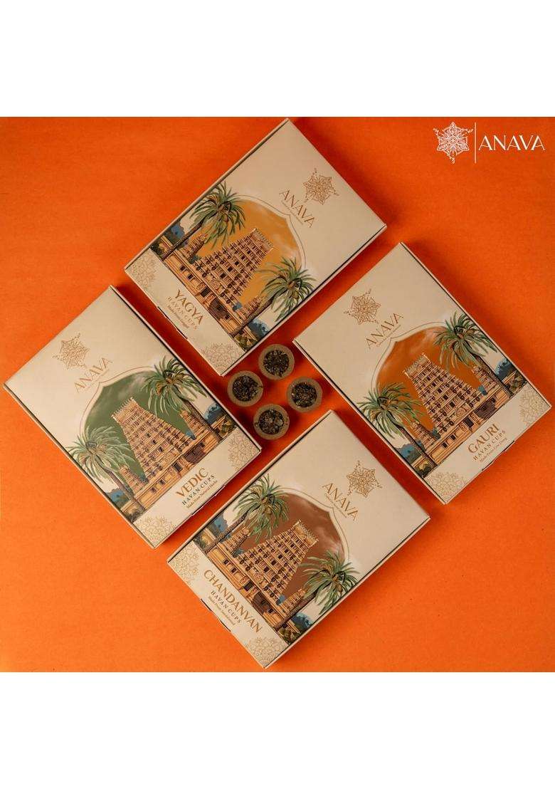 Anava Ritual Havan Cups Combo Pack with Stand Sandalwood Cow Dung Guggal Jatamansi Natural Herbs Pack of 4 - Indya