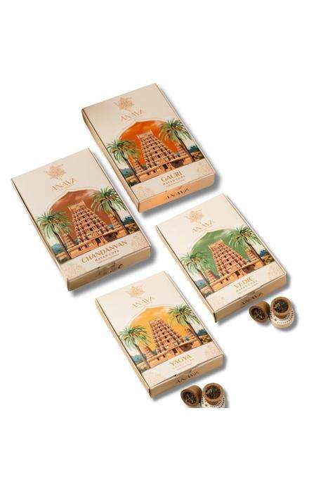 Anava Ritual Havan Cups Combo Pack with Stand Sandalwood Cow Dung Guggal Jatamansi Natural Herbs Pack of 4