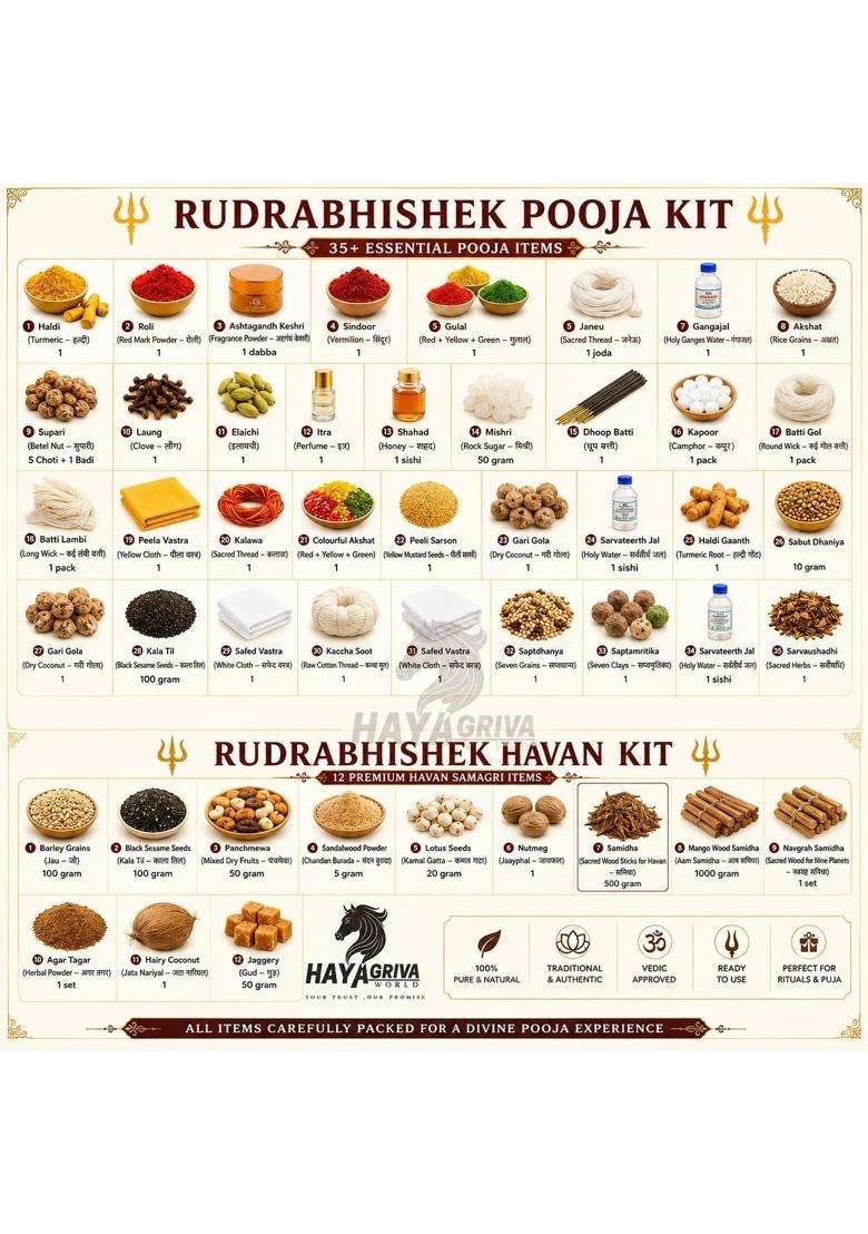 Hayagriva World Rudrabhishek Pooja and Havan Kit 47 Plus Essential Puja and Hawan Items Included - Indya