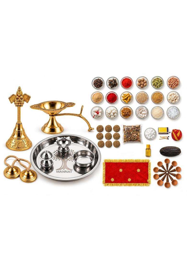 Multicolour Essential Navratri Diwali Pooja Samagri Kit with Thali 1 Essential Pooja Kit - Indya