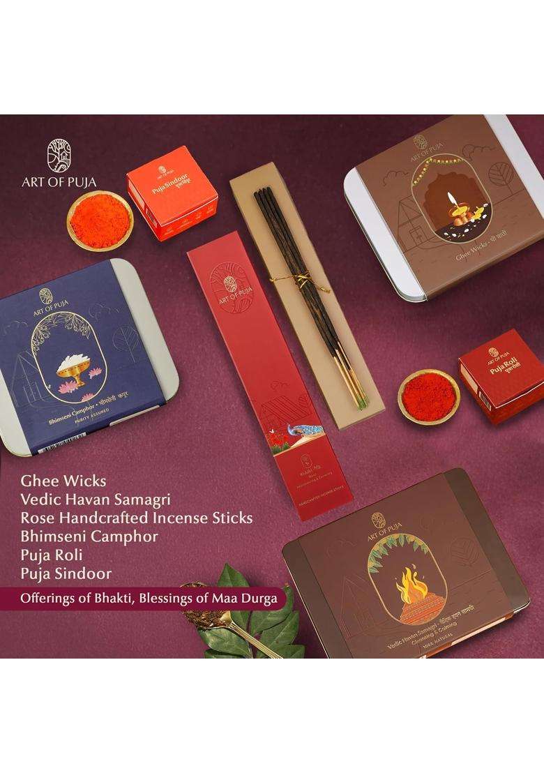 Durga Puja Combo Kit Ghee Wicks Vedic Havan Samagri Rose Incense Bhimseni Camphor Puja Roli and Sindoor - Indya