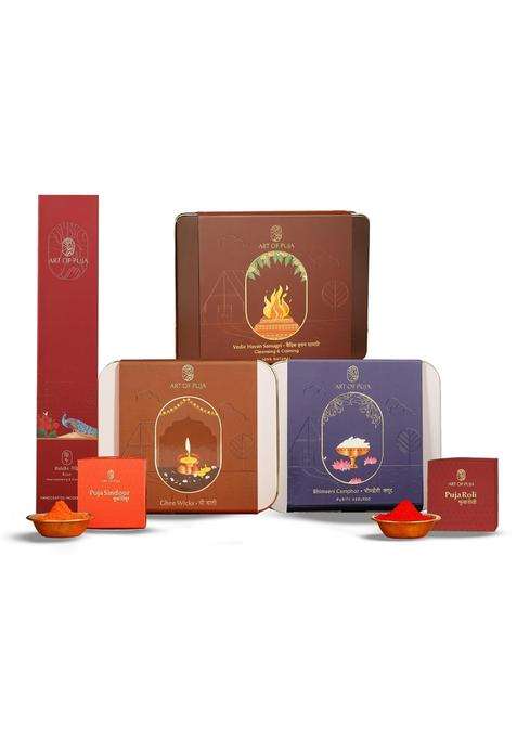 Durga Puja Combo Kit Ghee Wicks Vedic Havan Samagri Rose Incense Bhimseni Camphor Puja Roli and Sindoor