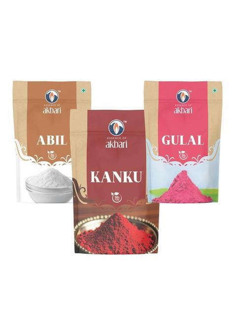 Akbari Original Abil Gulal Kanku Powder Set Traditional Indian Samagris for Festivals Puja Set of 3