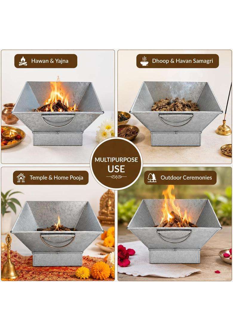 Pure Source India Silver Galvanized Iron Hawan Kund with Handle for Havan Yagya and Pooja - Indya