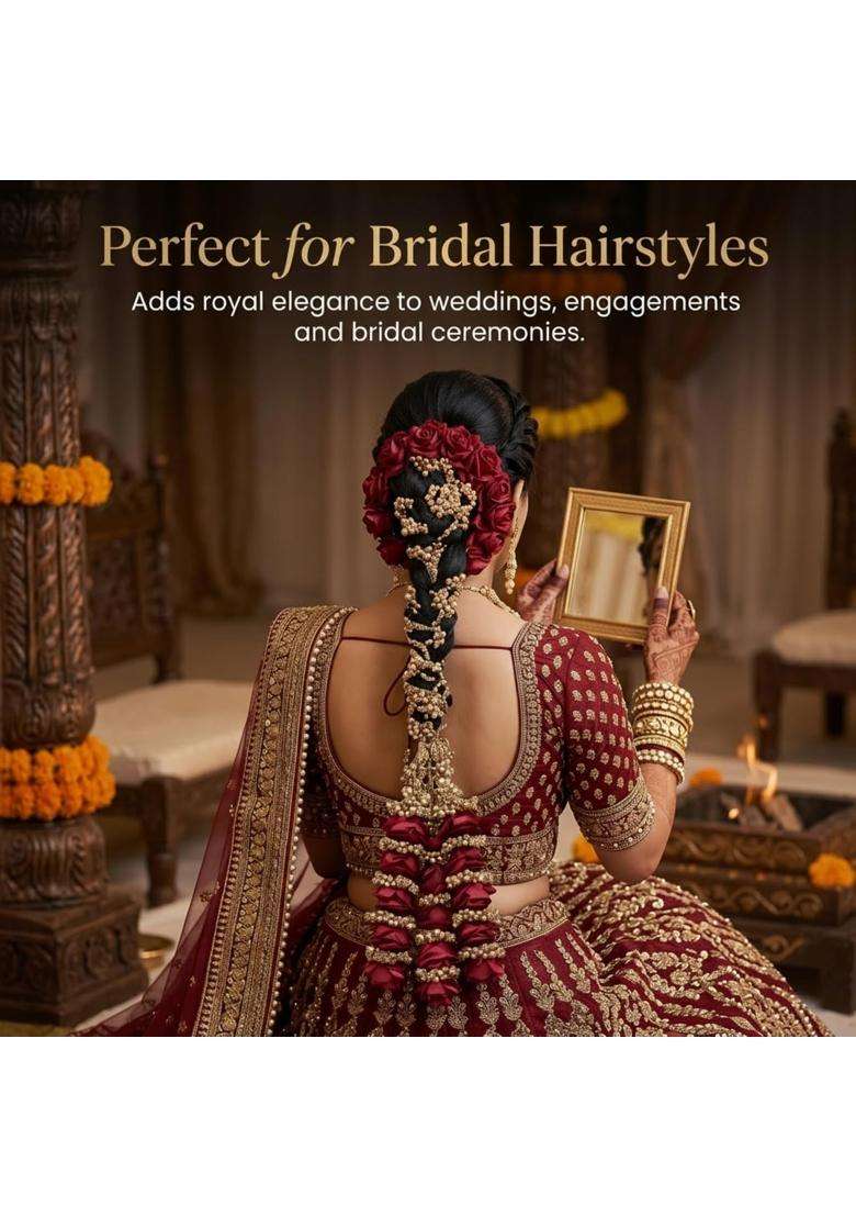 Forever Trend Traditional Red Rose Pranda for Women 30 Inch Handmade Punjabi Prandi Hair Accessory with Floral - Indya