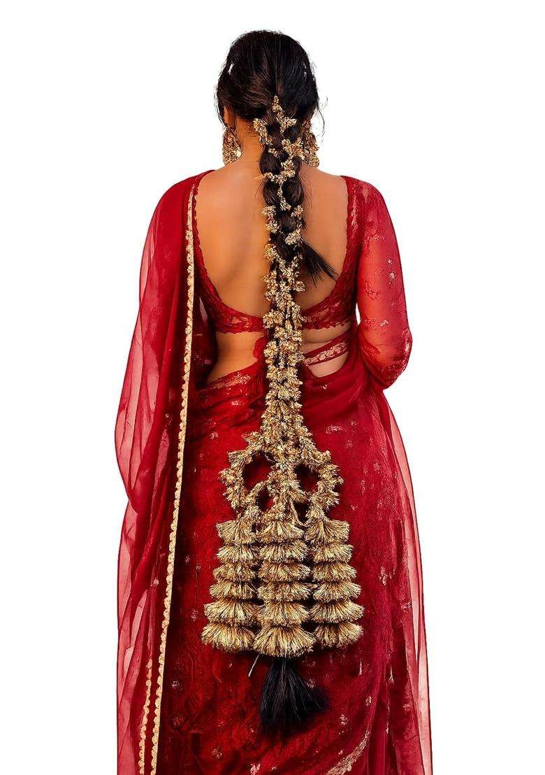 Scrunchify Golden Heavy Paranda for Women Traditional Punjabi Braid Hair Accessory with Fabric Golden Tassels - Indya
