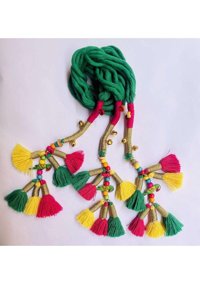 Zippy Flora Handmade Boho Kalee Parandi Green Traditional Paranda Hair Accessory with Decorative Braid Tassels - Indya