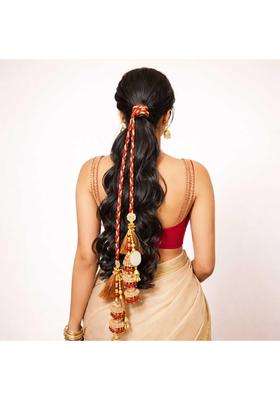 Suwasna Beaded Tassel Mirror Paranda with Pearl and Kundan Accents Traditional Hair Accessory