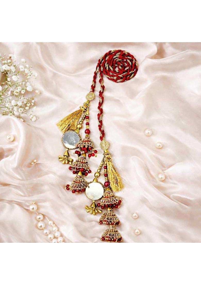 Suwasna Beaded Tassel Mirror Paranda with Pearl and Kundan Accents Traditional Hair Accessory - Indya