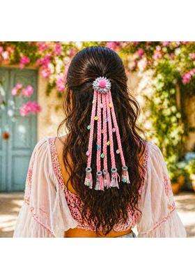 Suwasna Pink Boho Style Tassel Hair Tie with Real Glass Mirror and Pom Paranda