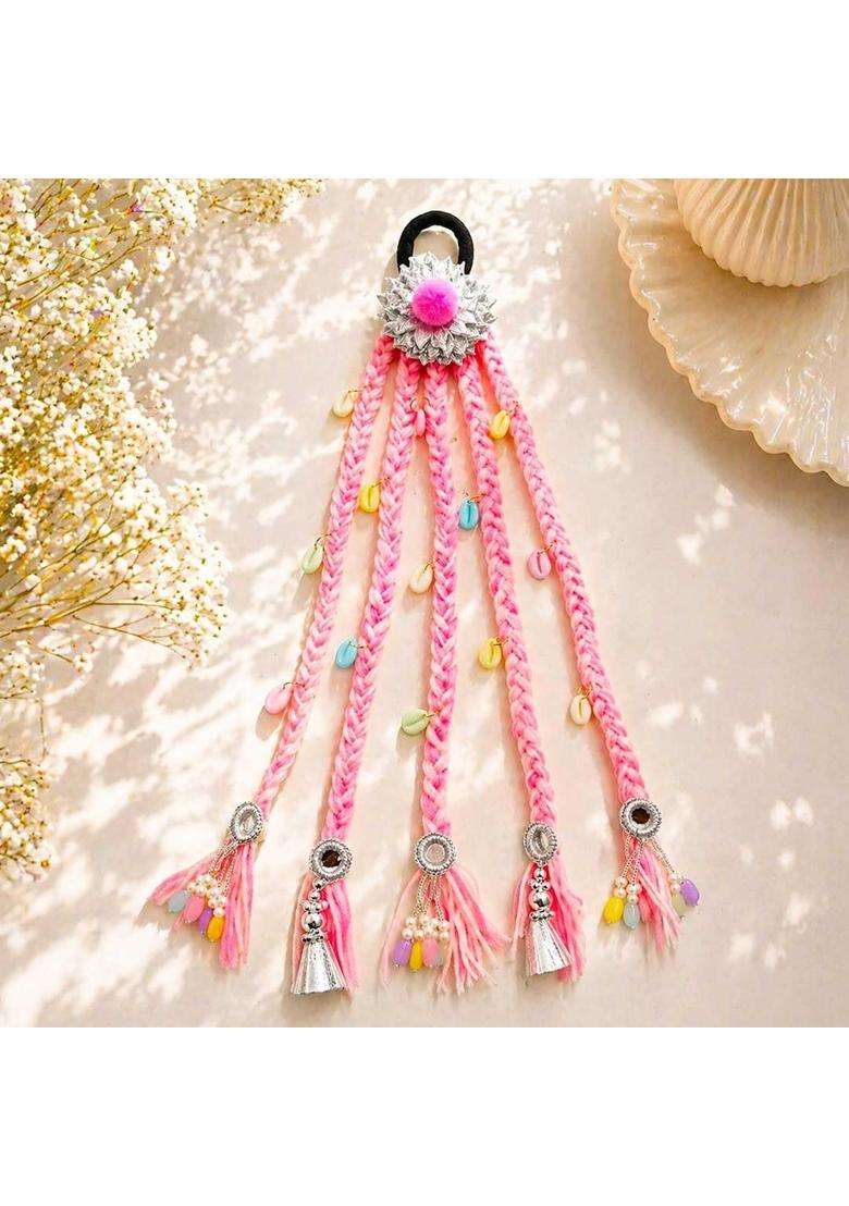 Suwasna Pink Boho Style Tassel Hair Tie with Real Glass Mirror and Pom Paranda - Indya