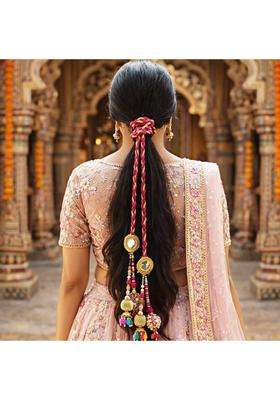 Suwasna Beaded Tassel Mirror Paranda with Pearl and Kundan Accents Traditional Hair Accessory