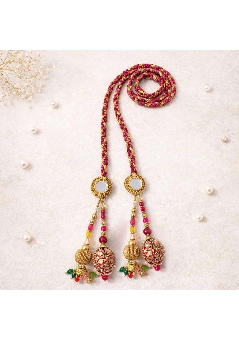 Suwasna Beaded Tassel Mirror Paranda with Pearl and Kundan Accents Traditional Hair Accessory - Indya