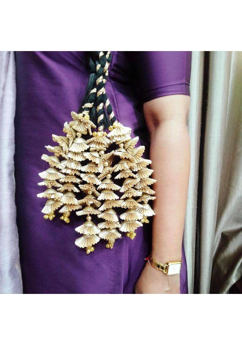 Gold Ghungru Gota Phul Tassel Paranda Hair Extension for Women and Girls Traditional Punjabi Braid Accessory - Indya