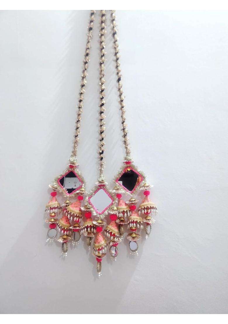Pink Gulabi Mirror and Pearl Latkan Paranda Bridal Hair Accessory Hair Accessories - Indya