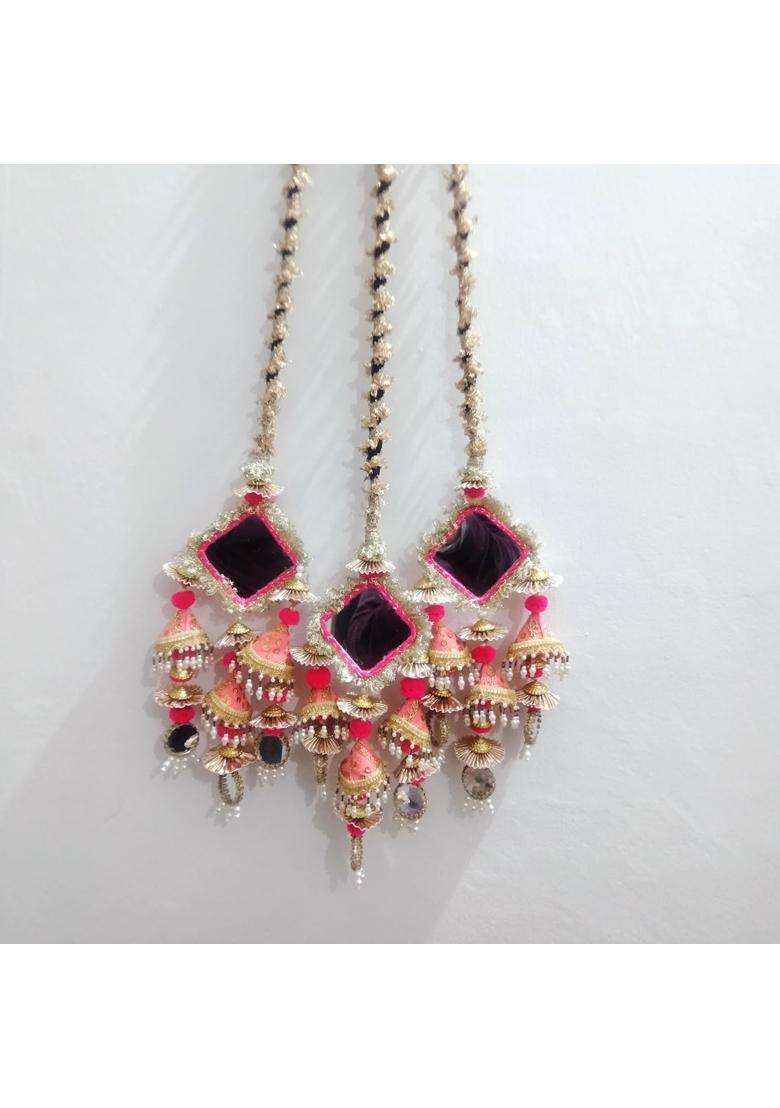 Pink Gulabi Mirror and Pearl Latkan Paranda Bridal Hair Accessory Hair Accessories - Indya