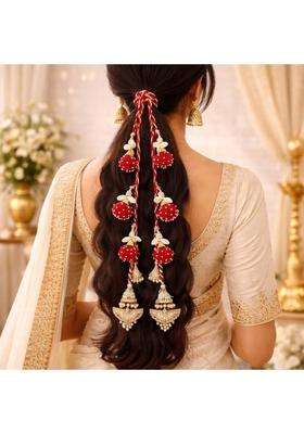 Suwasna Red Beaded Tassel Paranda with Pearl and Kundan Accents Traditional Hair Accessory