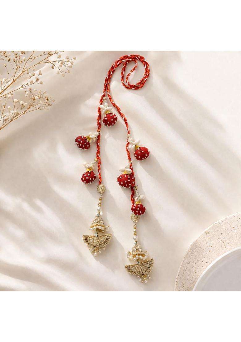 Suwasna Red Beaded Tassel Paranda with Pearl and Kundan Accents Traditional Hair Accessory - Indya