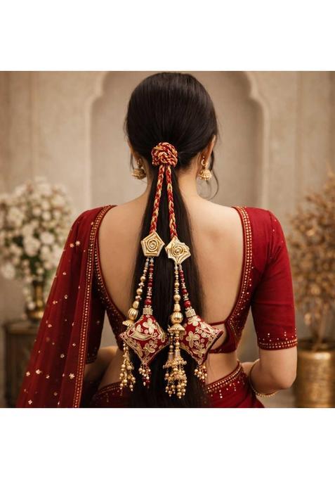 Suwasna Maroon Royal Gota Patti and Jarkan Tassel Parandi Bridal and Festive Hair Accessory Paranda