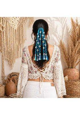 Suwasna Blue Boho Style Tassel Hair Tie with Real Glass Mirror and Pom Paranda