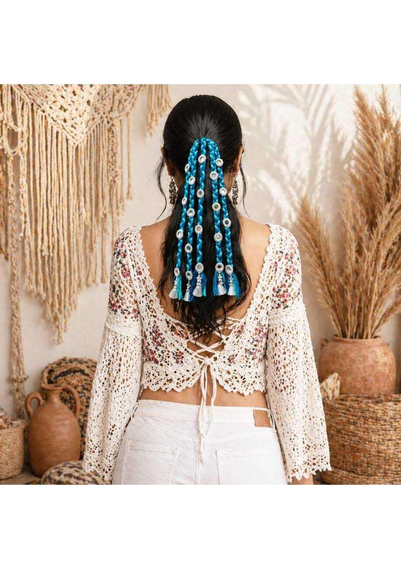 Suwasna Blue Boho Style Tassel Hair Tie with Real Glass Mirror and Pom Paranda - Indya
