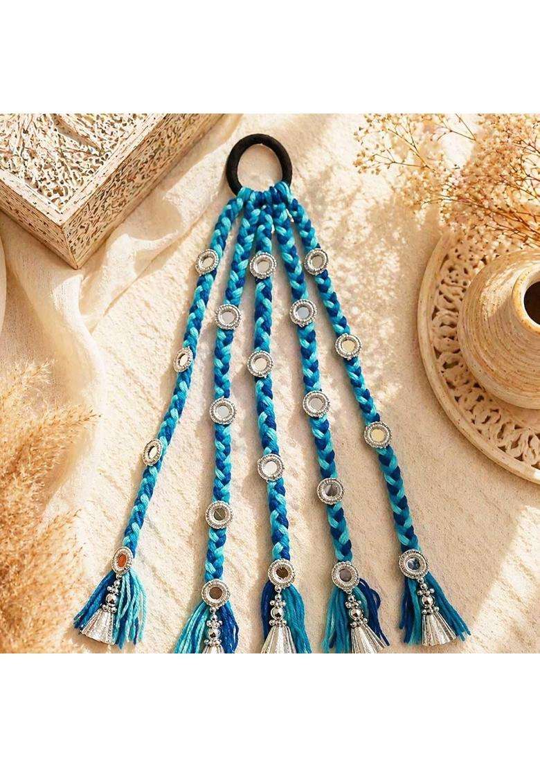 Suwasna Blue Boho Style Tassel Hair Tie with Real Glass Mirror and Pom Paranda - Indya