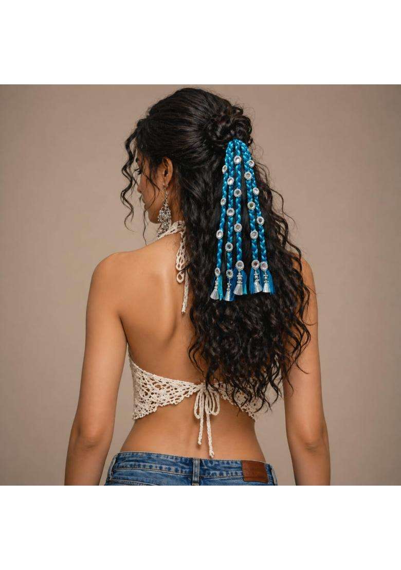 Suwasna Blue Boho Style Tassel Hair Tie with Real Glass Mirror and Pom Paranda - Indya