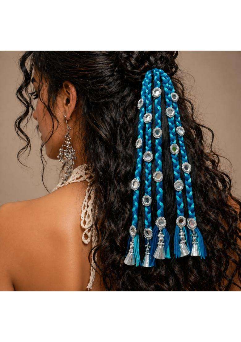 Suwasna Blue Boho Style Tassel Hair Tie with Real Glass Mirror and Pom Paranda - Indya