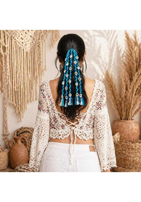 Suwasna Blue Boho Style Tassel Hair Tie with Real Glass Mirror and Pom Paranda