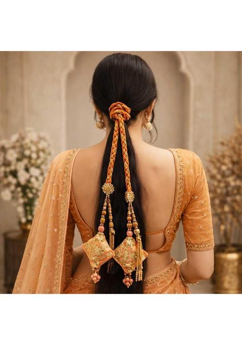 Suwasna Peach Royal Gota Patti and Jarkan Tassel Parandi Bridal and Festive Hair Accessory Paranda