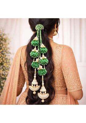 Suwasna Green Beaded Tassel Paranda with Pearl and Kundan Accents Traditional Hair Accessory