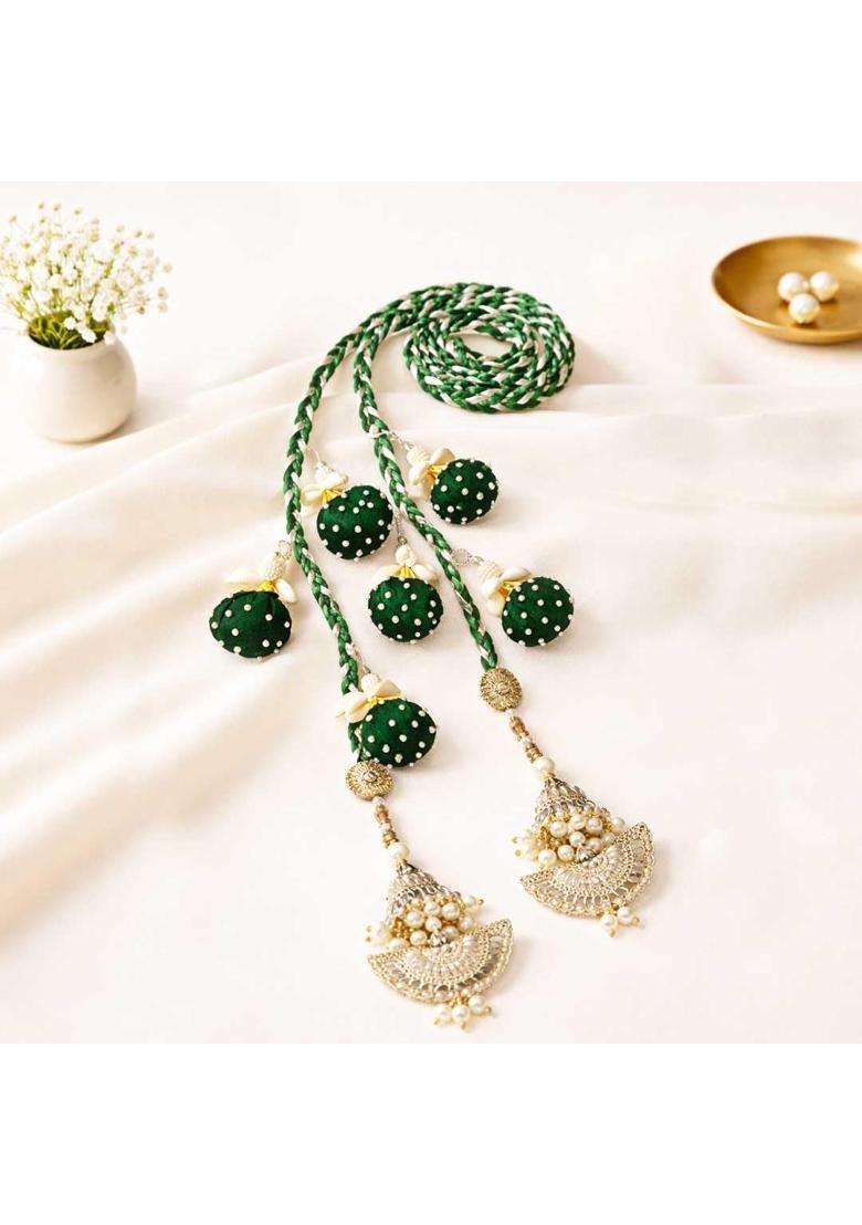 Suwasna Green Beaded Tassel Paranda with Pearl and Kundan Accents Traditional Hair Accessory - Indya