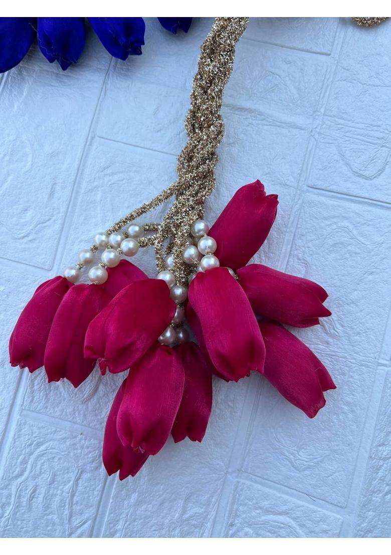 Scrunchify Maroon Tulip Paranda with 12 Flowers Organza Braid Tassel with Pearl Detailing - Indya