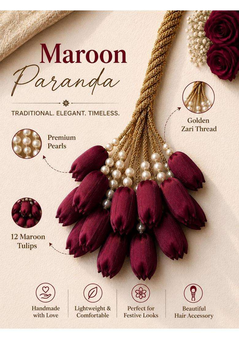 Scrunchify Maroon Tulip Paranda with 12 Flowers Organza Braid Tassel with Pearl Detailing - Indya
