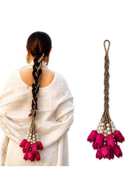 Scrunchify Maroon Tulip Paranda with 12 Flowers Organza Braid Tassel with Pearl Detailing